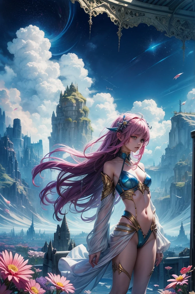 "((Fantasy art)) featuring an alien girl immersed in a celestial symphony, clouds transforming into vibrant splashes, flowers scattered like notes in the wind, a visual orchestration of color and wonder"