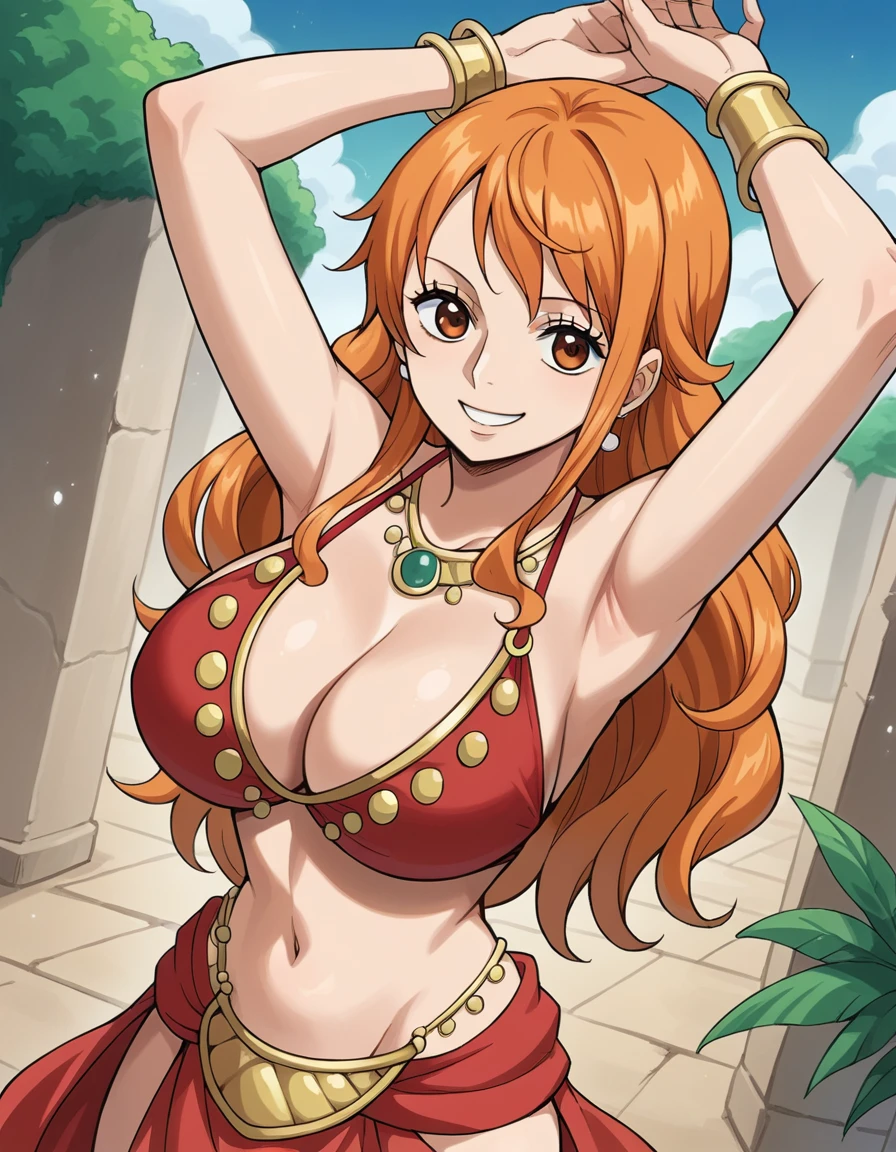 score_9, score_8_up, source_anime, best quality, nami, NAAmi, orange hair, orange eyes, long hair, large breasts, standing, looking at viewer, bellydancer clothes, red clothes, cleavage, dynamic angle, smile, outdoor, arms up