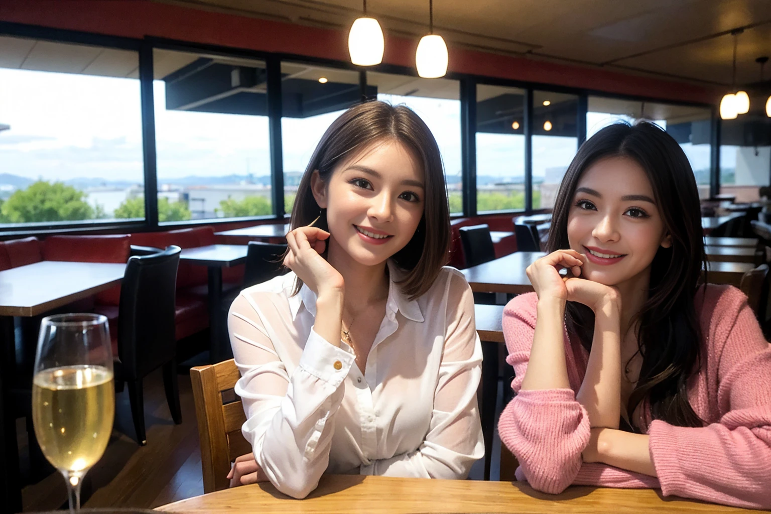 ((Highest quality、8K、masterpiece:1.3))、Shortcuts、cute、slimカップル、modelカップル、actress男優、(Realistic, Intricate details:1.2), full-course dinner、Wine Party、Amazing view of the sunset sky and clouds、A bright smile、short hair,Bright Face、 (Age 45), 42 years old, red wine 、Appetizers、Italian food、Wine bottle、Champagne、sparkling wine、Two beauties、Brown Hair、Shortcuts、Long sleeve shirt、dress、Beautiful woman 1, (slimな顔), (The body is slim), (Brown Hair), (Shortcuts), cheeks turn a little red,Attractive beauty、restaurant, In a prominent place (From the waist up) Nova Frog Style, actress, model, Upper Body, White wine, slim, wine glass, 中央に置かれたwine glass, smile, (smile: 1.15), Beautiful fine grain, Depth f/2,saturation, High Contrast, Strong light and shadow,Moist Body:1.5、3D texture、Delicate eyes、Brown Hair、The hair is very shiny、