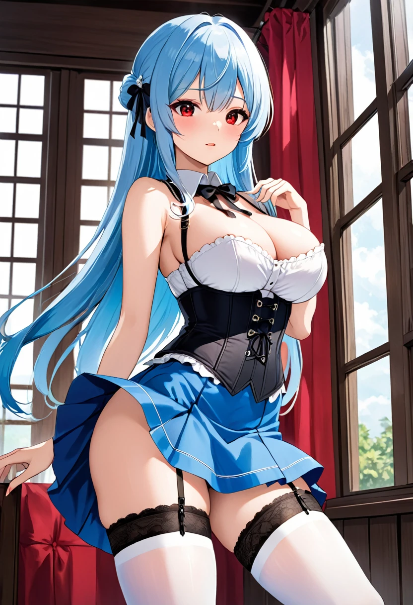 My name is Yukiko.I am a white test woman with long Sky blue hair,red eye color.I am 1.62 cm tall . My breasts measure 200 cm, my waist 40 cm and my hips 200 cm. Dressed in a black corset and a blue short skirt with garter belts and long white stockings . With huge breasts 200 cm
