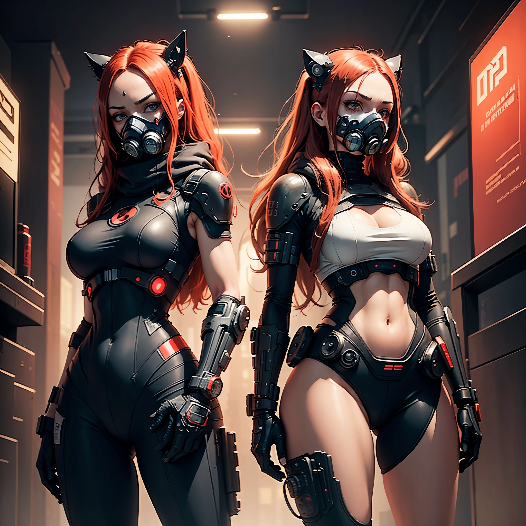 a girl with a mask, a large respirator, a gas mask with tubes on half of her face, fur, half a cyborg, stands straight, looking down from below, she has a chic athletic figure and large hips, she has rich red long hair and pale eyes and a black android cybernetic suit with small red elements, a dark background image of cyberpunk mechanisms and red lights dark background space red planet lights