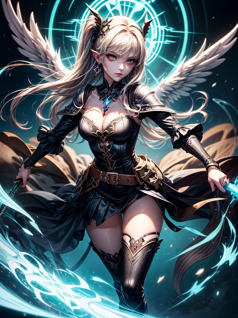 In the middle of the burning battlefield filled with broken swords and dead sodiers stand beatiful female fallen angel with black wings , she have beautiful face her eyes is golden yellow she have dark red lipstick and black eyeshadows she have piersing ring on her lip and cross shaped earrings on her ears her hair golden blond with black highlights with a blood red halo above her head, she dressed in sexy black leather armor with long skirt and black highheels boots with betal parts she have mystic symbols tattoo on her shouders, in her hand she holding long spear, (ultra high quality fantasy art, ghothic dark fantasy style, masterpiece, ultra high quality character design, 8k quality anime art, realistic anime art, top quality wallpaper illustration, detailed ultra high quality accurate face, high quality design and accurate physic)