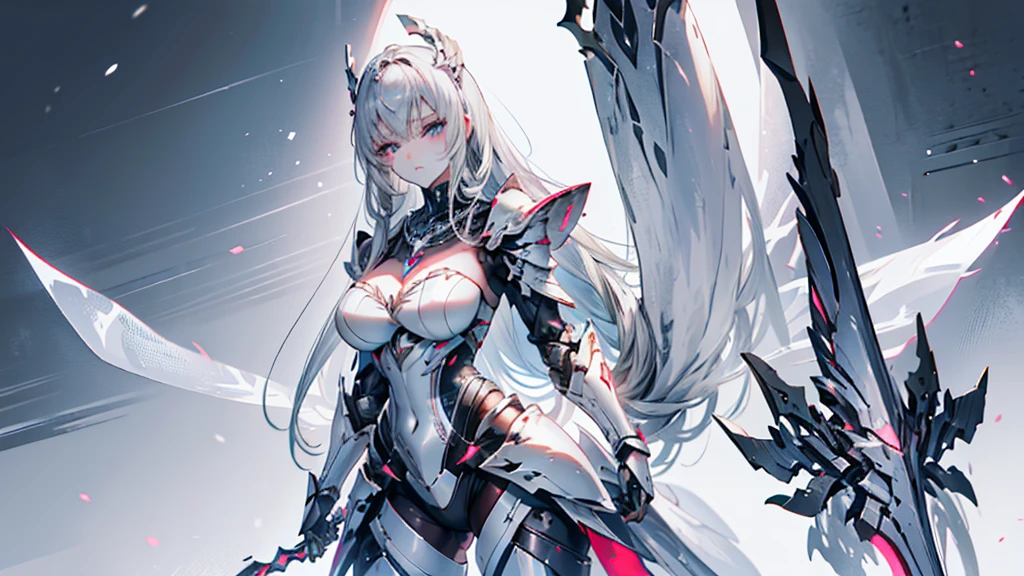 Cute adult girl standing ,girl focus, [Full body armor], ((Plain gray background)),  pokerface, upright immovable, (1girl in:1.3), Bangs,a necklace ,facing front,  （Snow White armor), Super Detail, Crystal Silver Eyes,slender, masterful technique, Long hair, animetic, Solo, Silk White hair, High quality, MastetPiece,ultra-detailliert,[wide-hips] , Beautiful Girl, [Detail Face], detail hands, ultra detail eyes,nothing face emotion, Beautiful eyes