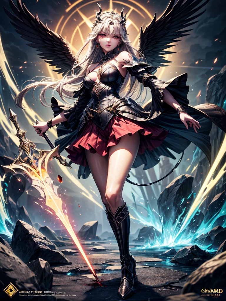 In the middle of the burning battlefield filled with broken swords and dead sodiers stand beatiful female fallen angel with black wings , she have beautiful face her eyes is golden yellow she have dark red lipstick and black eyeshadows she have piersing ring on her lip and cross shaped earrings on her ears her hair golden blond with black highlights with a blood red halo above her head, she dressed in sexy black leather armor with long skirt  and black highheels boots with betal parts  she have mystic symbols tattoo on her shouders, in her hand she holding long spear, (ultra high quality fantasy art, ghothic dark fantasy style, masterpiece, ultra high quality character design, 8k quality anime art, realistic anime art, top quality wallpaper illustration, detailed ultra high quality accurate face, high quality design and accurate physic)