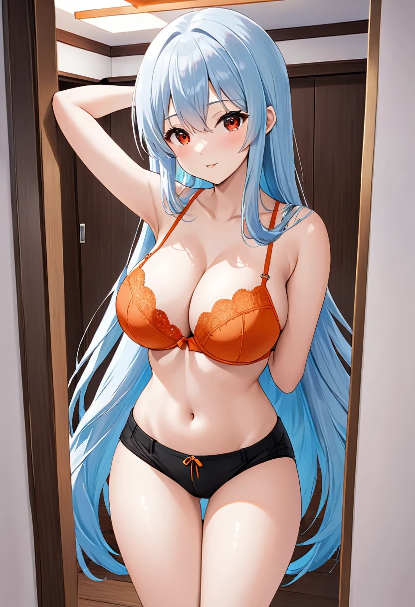 My name is Yukiko.I am a white test woman with long light blue hair,red eye color.I am 1.62 cm tall . My breasts measure 200 cm, my waist 40 cm and my hips 200 cm. dressed in an orange thread bra and very short black shorts . With huge breasts 200 cm