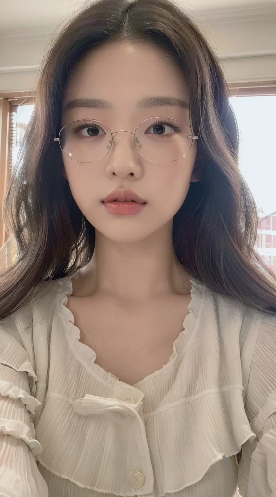 ((Best quality, 8k, Masterpiece :1.3)), Sharp focus:1.2, Perfect Body Beauty:1.4, Slim Abs:1.2, big breast:1.4, ((Layered wavy loong hairstyle:1.2)) ((showing forehead:1.2)), (white blouse shirt:1.1), (School:1.2), Highly detailed face and skin texture, Fine eyes, Double eyelids, slightly raised head, half-rim glasses