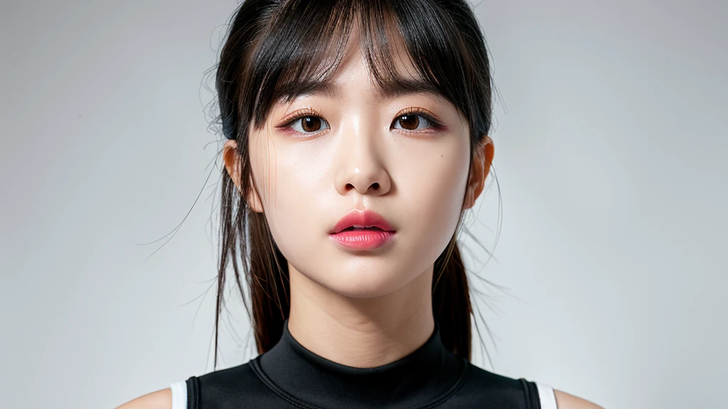 (Detailed face),(vivid),Turtleneck sleeveless sporty lightweight(black and white plastic)Clothes,4K,Ultra-high resolution,(Photorealistic:1.7),White Background,Black long hair,