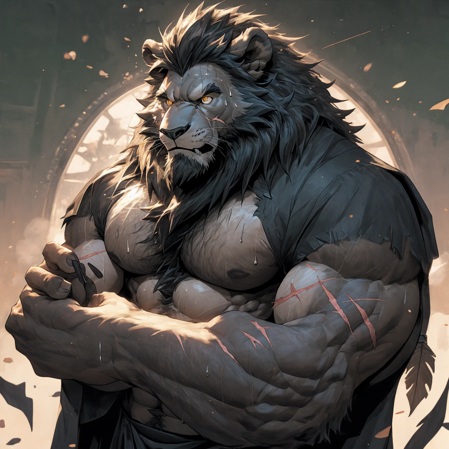 Sweating, muscular, Topless, The background is a spectacular magic school classroom, Harry Potter Teacher, magician, hairy, Anthropomorphic chest hair, Serious expression（scars in the face） Mature （Golden Eyes）Huge muscular ripped abs wild，Black lion, A bully with tribal ambitions