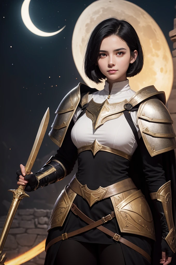 Young woman, short, white, black hair, amber eyes, wearing light armor, holding a black halberd with the shape of a huge half moon larger than her, on her shoulder a black eagle, and her face is happy, in a medieval time