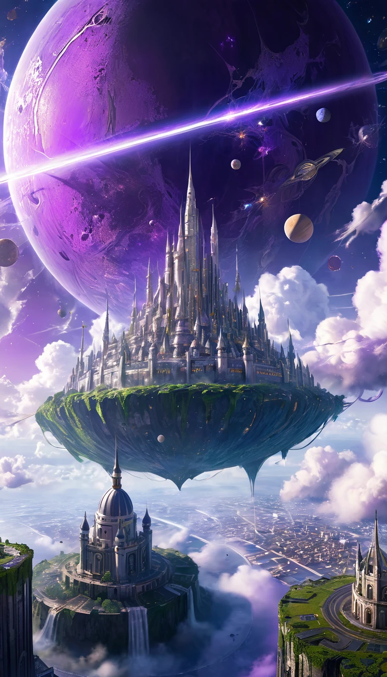 ((masterpiece)), best quality, (8K, best quality, masterpiece:1.2), Extremely detailed, illustration, Big Fantasy City, Science fiction, The Empty City, Floating city, There are many planets in the sky, There are clouds around, Celestial Architecture, Purple energy leaves scars, Giant castle in the center, Starry Sky