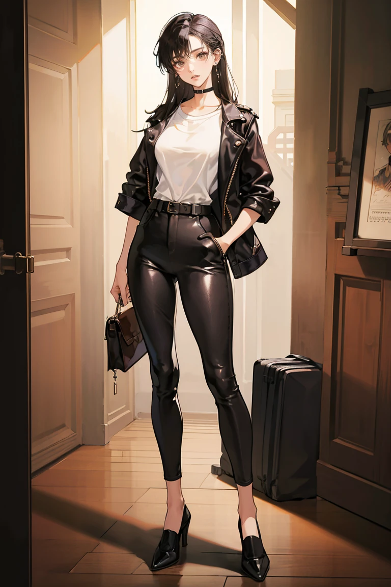 (masterpiece), best quality, small eyes, mature woman, brown eyes, long tied black hair, long nose, tan brown skin, plain white t shirt, leather jacket, black trousers, tall woman, long legs, full body, tall woman, long legs, big , anime cover, 1girl, ear piercings, hands in pockets, adult-like look, bad girl