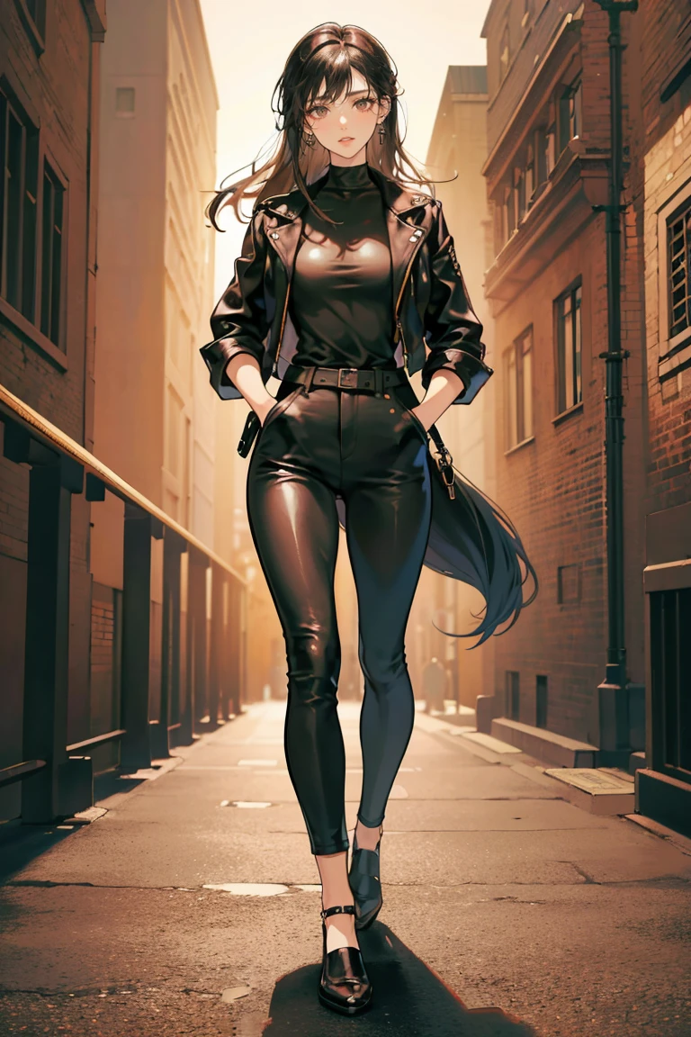 (masterpiece), best quality, small eyes, mature woman, brown eyes, long tied black hair, long nose, tan brown skin, plain white t shirt, leather jacket, black trousers, tall woman, long legs, full body, tall woman, long legs, big  , anime cover, 1girl, ear piercings, hands in pockets, adult-like look, bad girl
