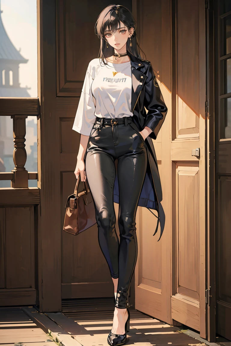 (masterpiece), best quality, small eyes, mature woman, brown eyes, long tied black hair, long nose, tan brown skin, plain white t shirt, leather jacket, black trousers, tall woman, long legs, full body, tall woman, long legs, big  , anime cover, 1girl, ear piercings, hands in pockets, adult-like look, bad girl
