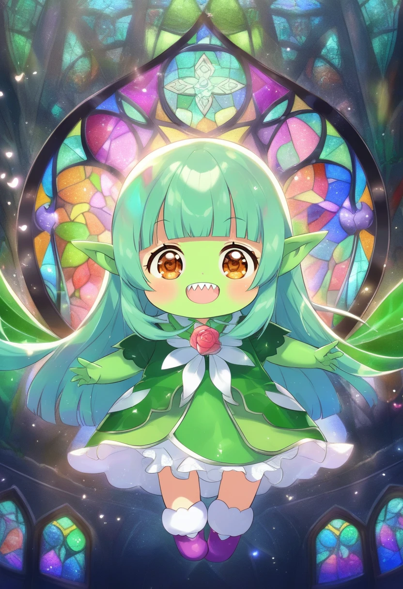 (deep green skin:1.5), (goblin girl),(loli:1.9), kawaii, (baby face:1.1), (little female child:1.8),(loli toddler:1.8),(mini girl:1.7), (4 years old:1.1),small breasts,(evil smile:1.1),super smile,ultra cute face,shiny skin,open mouth,(deep green skin all over the body:1.５),
BREAK
(light green hair:1.2), (blunt bangs:1.3), (hime cut:1.4),(brown eyes:1.6), (long hair:1.3), long straight hair,(sharp teeth),highlight on eyes,
BREAK
elf ear,Tribal Jewelry,Scrunchie,wearing boots on feet, wearing lightgreen magical Girl Costumes,(magical effect:1.2), magic circle,colorful background,light particles,light sparkles,crystal light,powder light,dynamicpose,
BREAK
(multi-layered flower shaped stained glass), (rose shaped stained glass),(music note effect fused with stained glass),(heart shaped Church windows),nature theme,(Giant stained glass leaf),(Multiple stained glass musical note),Atrium structure,ceiling,tiffany,dust particles,anime,stain glass inspired by leaf mark,nature background