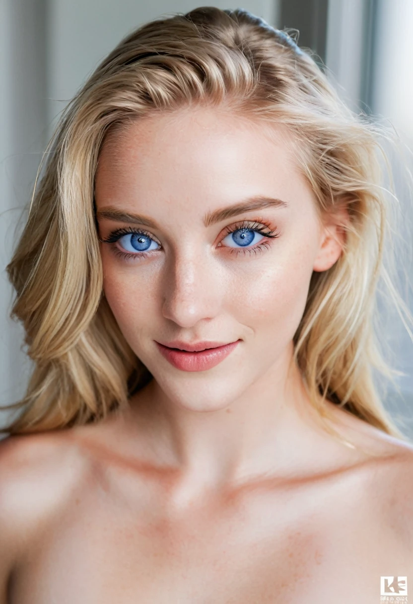 Generate me a portrait of a blonde woman with blue eyes in 4K