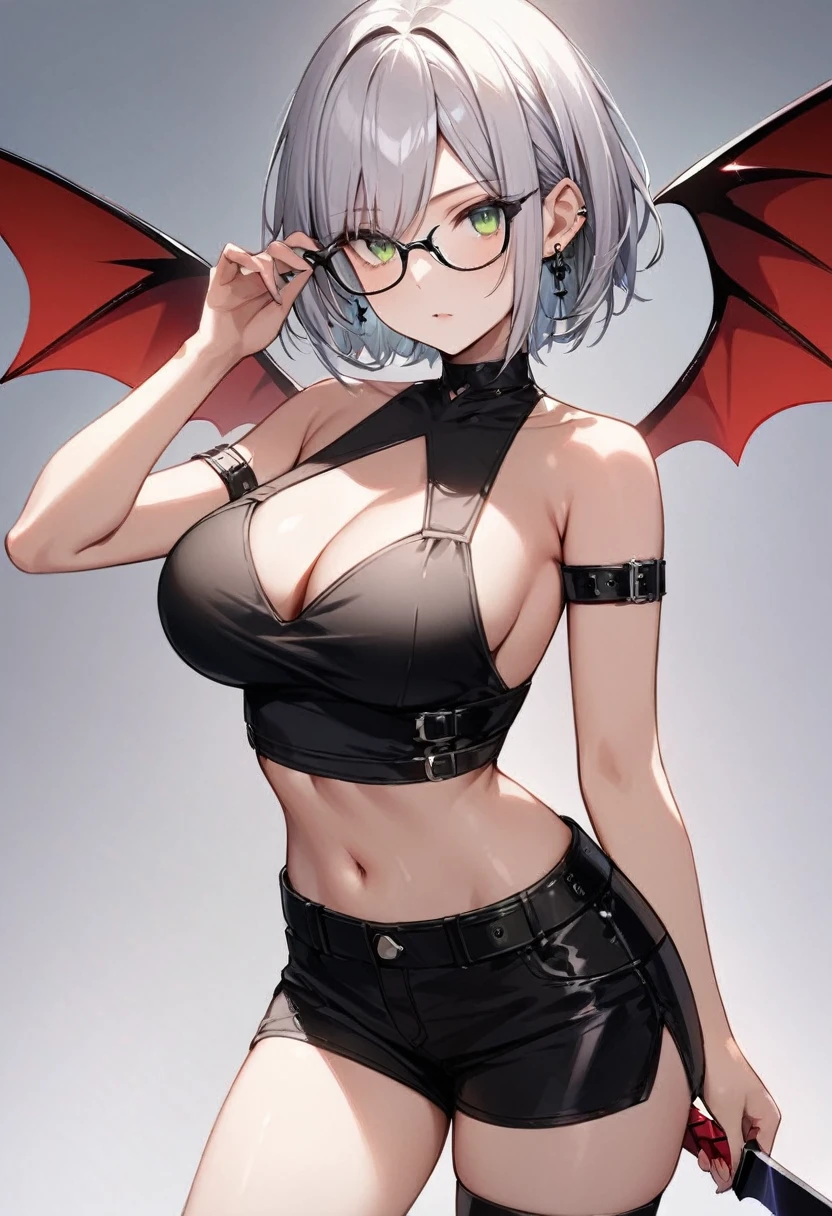 masterpiece, best quality, 1girl, solo, adult, silver hair, short hair, wearing glasses, earrings, green eyes, detailed face, black crop top, large breasts, shorts, arm belt, infront of viewer, empty look, succubus wings, holding the sword of darkness,