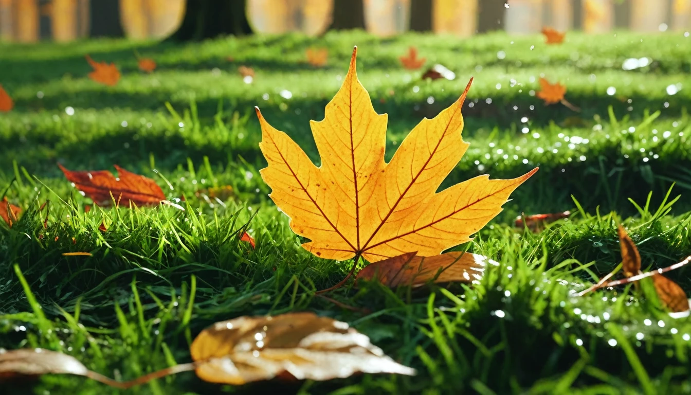 there is a leaf that is sitting on the grass, magical leafs falling, nature documentry footage, youtube video screenshot, today's featured photography 4k, autumn rain turkel, nature photography 4k, november, cinematic widescreen shot, leaves and magic, high quality screenshot, 2 0 2 1 cinematic 4 k framegrab, wide screenshot