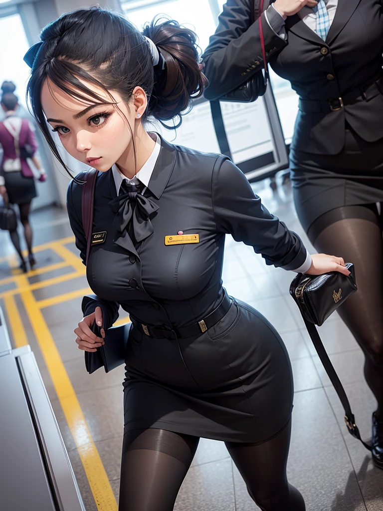 stewardess black tights ponytail airport