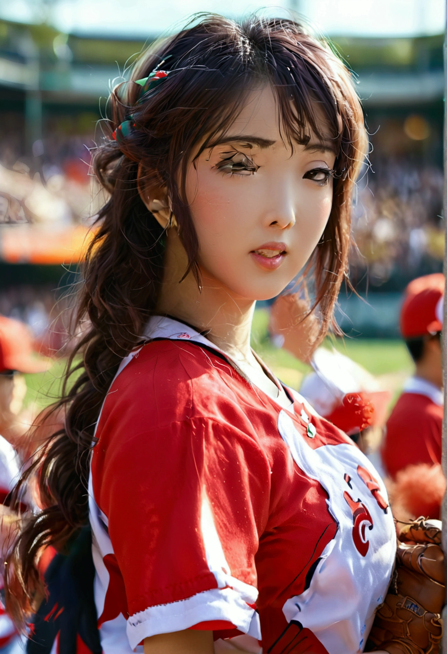 Anime-style depiction of a beautiful Japanese woman (Tatsumaki) pitching a ball in a foxy baseball uniform, with a cheering crowd and bokeh effect.