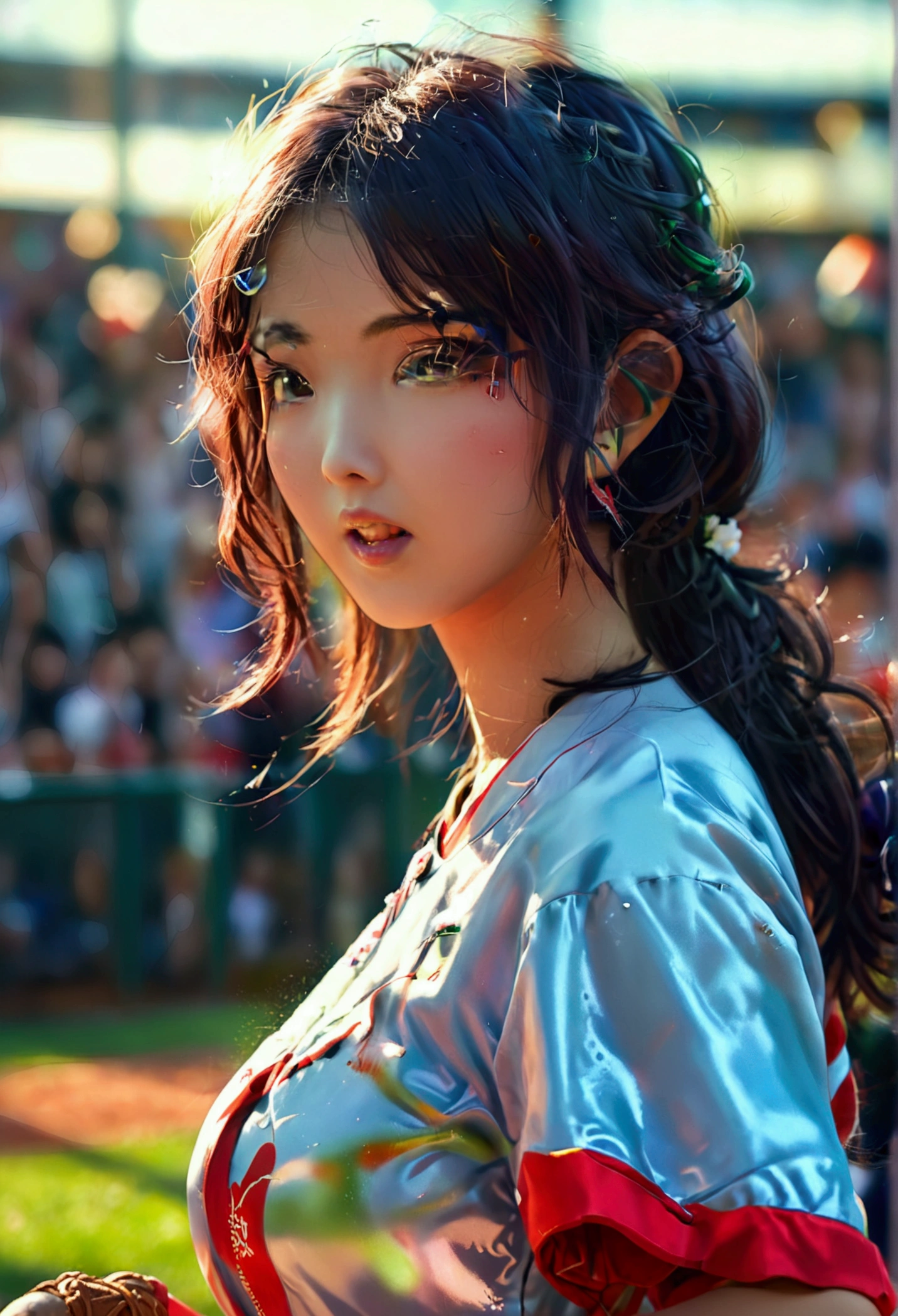 Anime-style depiction of a beautiful Japanese woman (Tatsumaki) pitching a ball in a foxy baseball uniform, with a cheering crowd and bokeh effect.