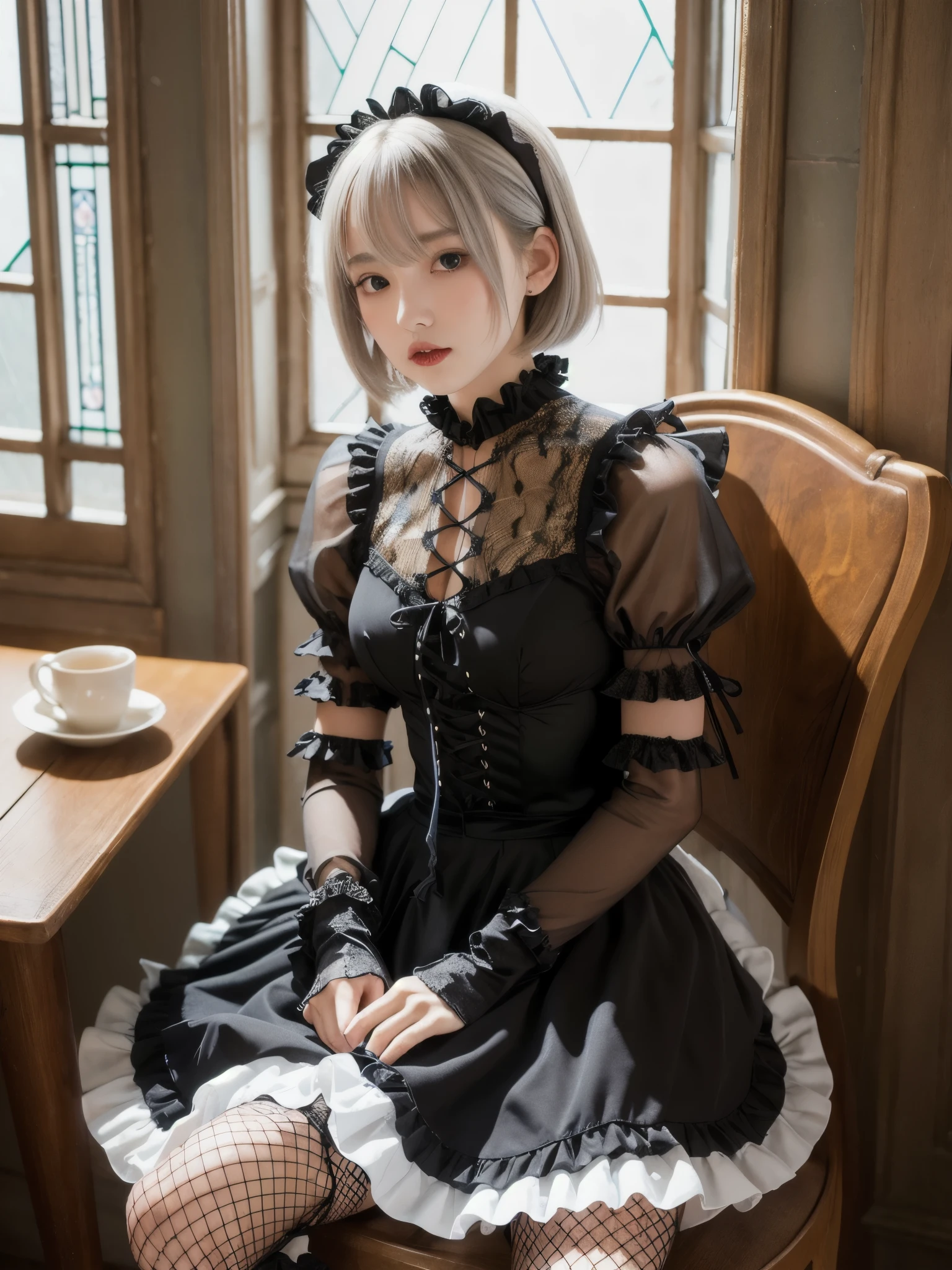 (8K, Photorealistic, Raw photo, Highest quality: 1.4),Japanese idol-style beautiful girl,model,1 person,18-year-old,(Short Bob),(Silver Hair :1.1),She has her hair tucked behind her ears,Headband,Clear grey eyes,Long eyelashes,(piercings(small)),(Pale, lifeless skin(Foundation)),(Lip gloss(Deep vermilion :1.1)),thin long neck,Large Breasts,(Lace gloves(Black)),(gothic lolita dress(Frills,Puffy long skirt :1.3)),(layer),(Fishnet tights),(lace up lolita shoes),Sitting in a chair,(Legs are V-shaped),(Background of a room with heavy Gothic-style stone stained glass),Full body portrait