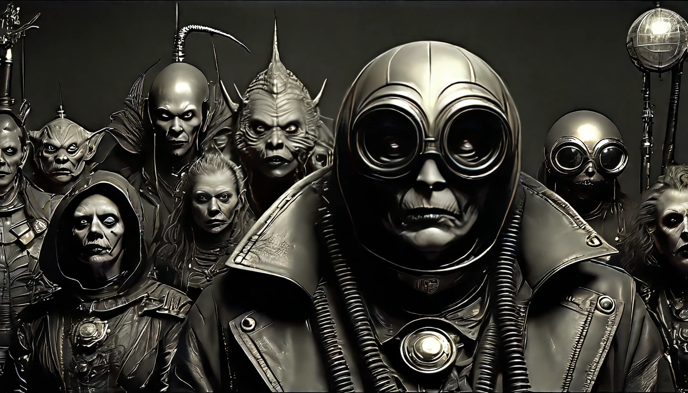 in (medium full shot:3.1) of lot of characters from (Heavy Metal Magazine:3.1), inspired by HR Giger, Clyde Caldwell, Hans Bellmer, in Cyberpunk apocalypse in chaotic world, monsters and robots, wayne barlowe, pierre pellegrini, (with Creepy, Sci-Fi, Fantasy and Horror:2.9) retro sci fi, Horror movie, ((Cinematic film)), ((Ultra Detailed)), Complex, ((Sharp Focus)), Object Texture, Studio Photo, Complex Details, ((Highly Detailed)), Photo Real Style, ((Hyper-realistic)), High Dynamic Range, ((Realistic Textures)), 8K UHD, Nikon D 850, Kodak Portra 400, Fujifilm XT, 3D rendering