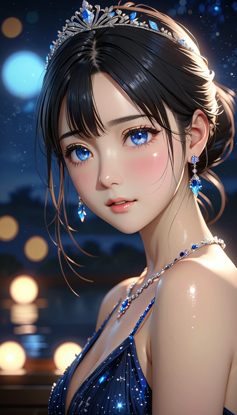 National Science Foundation,masterpiece,High resolution,8K,art,refer,3d,realism,Kyoto Animation Style,Your Name movie style,Looking into the camera,Soft Light,Glowing Skin,超High resolution, Attention to detail, High resolution, 8K, 16K, high quality, 最high quality, Very detailed, Textured skin, masterpiece, Accurate, Anatomically correct, Awards,(1 female: 1.3),(alone: 1.4),Starry Sky(((Black Hair))),美しいBlack Hair,(ponytail),(A woman wearing a beautiful tiara on her head),(Nice,Sparkly evening dress),Gorgeous evening dress with Swarovski crystals,(Crystal Hairpin),(Crystal Necklace),(Crystal Earrings),(Crystal Bracelet),(Crystal Ring),Long eyelashes,Thin legs,Upper body close-up,Bust Shot,(Starry Eyes),(blue eyes),Watery eye,(blush),(shy),