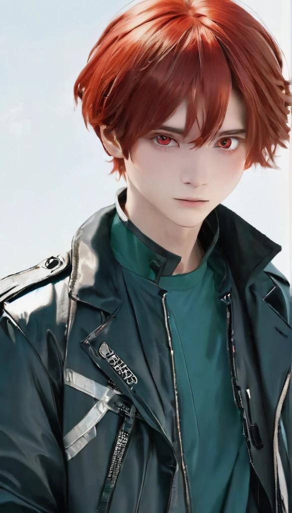 best quality, masterpiece, solo, 1boy,red hair, futuristik, jacket,  red eyes, white beckground, stand, black shoes