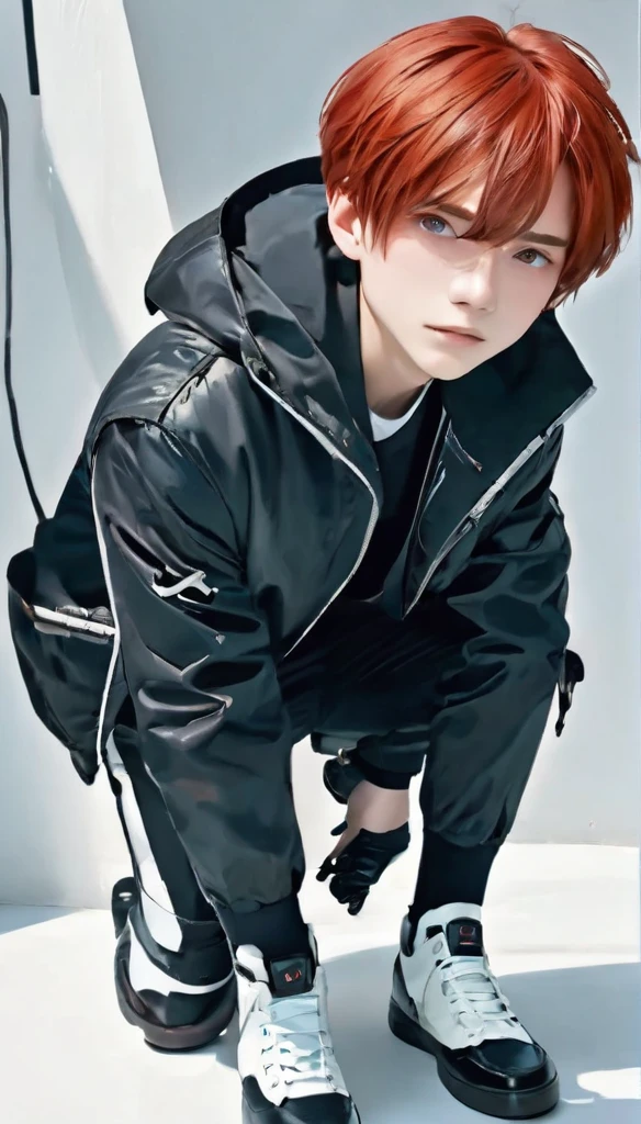 best quality, masterpiece, solo, 1boy,red hair, futuristik, jacket, red eyes, white beckground, stand, black shoes