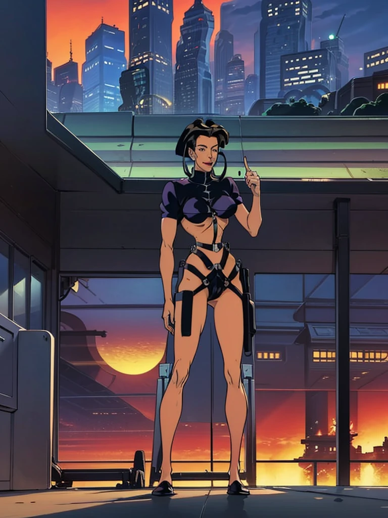 faithful image of Aeon Flux, Brunetette, linda, Grinning, she is happy, ultra detalhada, She is HANGING FROM A BUILDING WITH BOTH HANDS, SHE IS ON THE EDGE OF A TERRACE OF AN ULTRA FUTURISTIC BUILDING, SHE IS POINTING HER FINGER AT THE GROUND LOOKING AT THE INDUSTRIAL CITY, THERE ARE rounded buildings in an abandoned, ultra-futuristic megalopolis city, industrial environment, cyberpunkstyle, ORANGE SKY, the city has many metallic buildings with mirrored glass in light colors that reflect the sunlight, alien architecture, the city has shades of metal gray, has beautiful metal structures, dark ultrafuturistic cars on the streets, desert megalopolis, many tall rounded buildings on the horizon, tall futuristic metal buildings, WIRED POSTS, TRAFFIC LIGHTS, many ultramodern buildings around, as realistic as possible, as detailed as possible, Science fiction, There are 2 planets in the sky through the dense atmosphere, ORANGE SKY