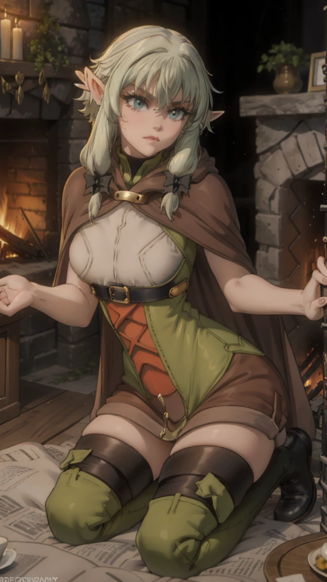 1 girl,20 years, Portrait of a girl, emphasis on the face, One,happy face, nature, POV above her, looks at her, night, kneeling, sticks out tongue, eyes look at nose, the forest, Beautiful elastic breasts, archery, holding a bow and arrow in his hands, green cloak and hood, elf archer from Goblin Slayer, White hair, sexy figure, very beautiful, erotica, long hair,yellow eyes,Elf Ears, black small horns,white tights,Detailed long boots,golden tiara,Luxurious gold jewelry,(((lying by the fire))) nature, open field, night,