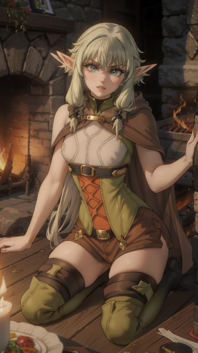 1 girl,20 years, Portrait of a girl, emphasis on the face, One,happy face, nature, POV above her, looks at her, night, kneeling, sticks out tongue, eyes look at nose, the forest, Beautiful elastic breasts, archery, holding a bow and arrow in his hands, green cloak and hood, elf archer from Goblin Slayer, White hair, sexy figure, very beautiful, erotica, long hair,yellow eyes,Elf Ears, black small horns,white tights,Detailed long boots,golden tiara,Luxurious gold jewelry,(((lying by the fire))) nature, open field, night,