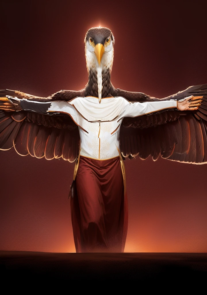 Half eagle man, human arms open holding giant eagle wings, long-necked bird, long neck of a bird with white spots, bird with brown wings behind human arm, Caucasian human with outstretched human arms in front of the wing