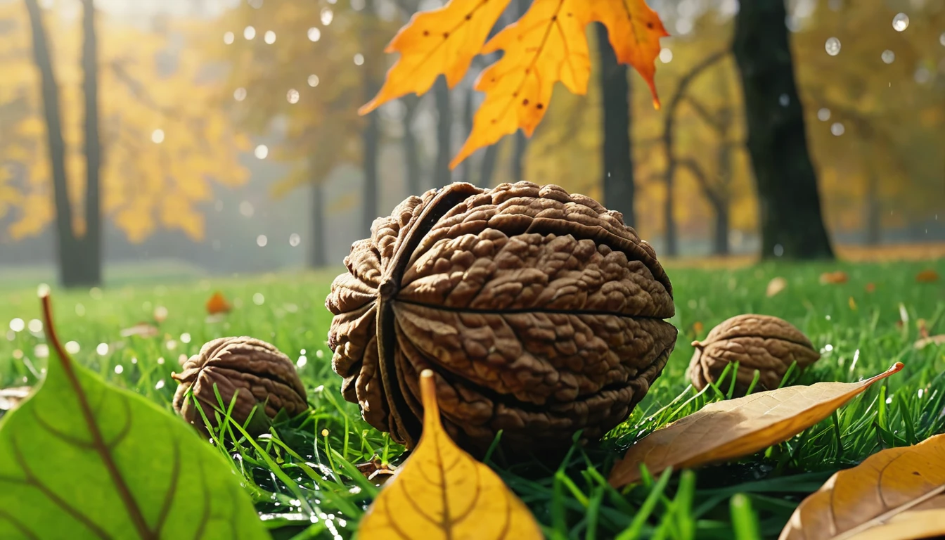 there is a walnut that is sitting on the grass, magical leafs falling, nature documentry footage, youtube video screenshot, today's featured photography 4k, autumn rain turkel, nature photography 4k, november, cinematic widescreen shot, leaves and magic, high quality screenshot, 2 0 2 1 cinematic 4 k framegrab, wide screenshot