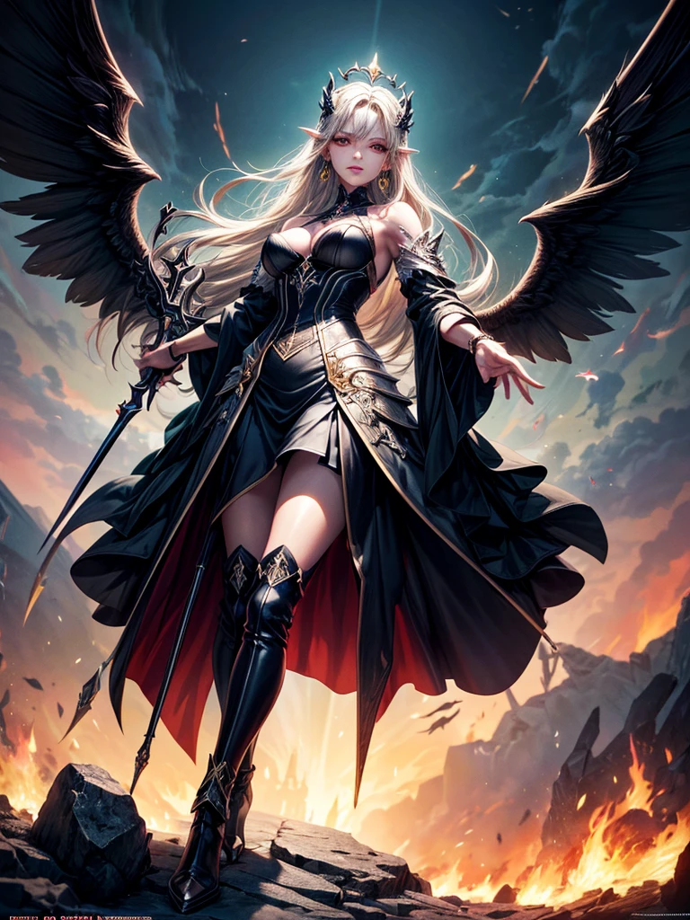 In the middle of the burning battlefield filled with broken swords and dead sodiers stand beatiful female fallen angel with black wings , she have beautiful face her eyes is golden yellow she have dark red lipstick and black eyeshadows she have piersing ring on her lip and cross shaped earrings on her ears her hair golden blond with black highlights with a blood red halo above her head, she dressed in sexy black leather armor with long skirt and black highheels boots with betal parts she have mystic symbols tattoo on her shouders, in her hand she holding long spear, (ultra high quality fantasy art, ghothic dark fantasy style, masterpiece, ultra high quality character design, 8k quality anime art, realistic anime art, top quality wallpaper illustration, detailed ultra high quality accurate face, high quality design and accurate physic)