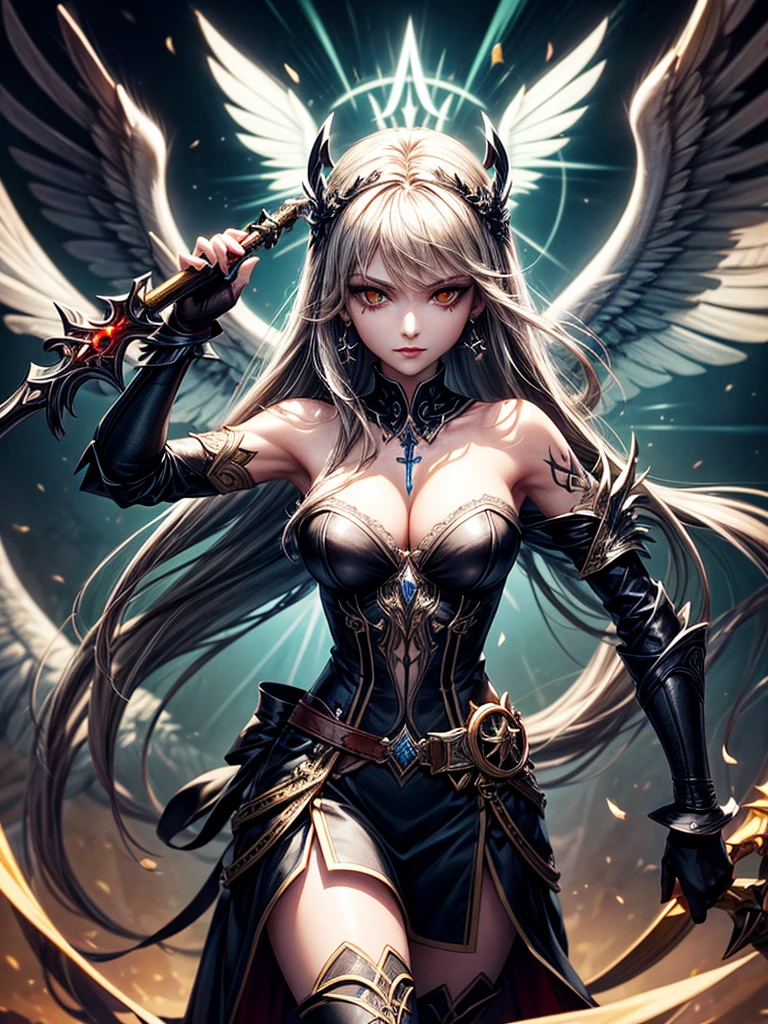 In the middle of the burning battlefield filled with broken swords and dead sodiers stand beatiful female fallen angel with black wings , she have beautiful face her eyes is golden yellow she have dark red lipstick and black eyeshadows she have piersing ring on her lip and cross shaped earrings on her ears her hair golden blond with black highlights with a blood red halo above her head, she dressed in sexy black leather armor with long skirt and black highheels boots with betal parts she have mystic symbols tattoo on her shouders, in her hand she holding long spear, (ultra high quality fantasy art, ghothic dark fantasy style, masterpiece, ultra high quality character design, 8k quality anime art, realistic anime art, top quality wallpaper illustration, detailed ultra high quality accurate face, high quality design and accurate physic)