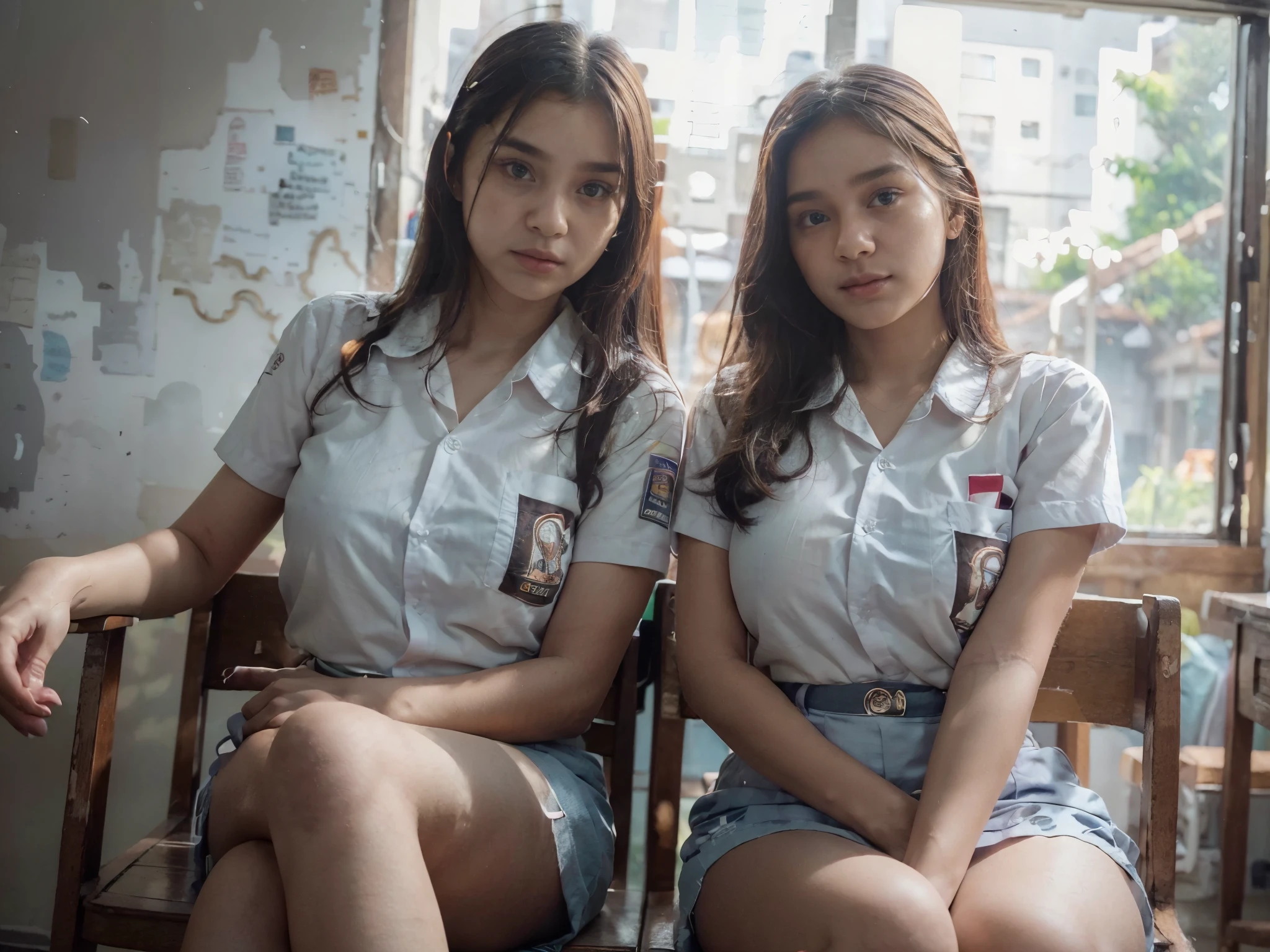 (upperbody:1.2), selfie portrait of (2 girls:1.5), beautiful cewe-sma wearing (highschool uniform, short sleeve, (bottomless:1.5)), serene expression, detailed facial features, flawless make-up, intricate embroidered patterns, (exposed hanging breast:1.2), slim body, sitting side by side with (crossed-legs, knees up), elegant pose, in the classroom, looks so cool, (foggy atmosphere:1.3), ((high angle, seen from forward):1.3), (facing forward:1.2), soft natural lighting, photorealistic, highly detailed, 8k, cinematic, dramatic, natural color tones,