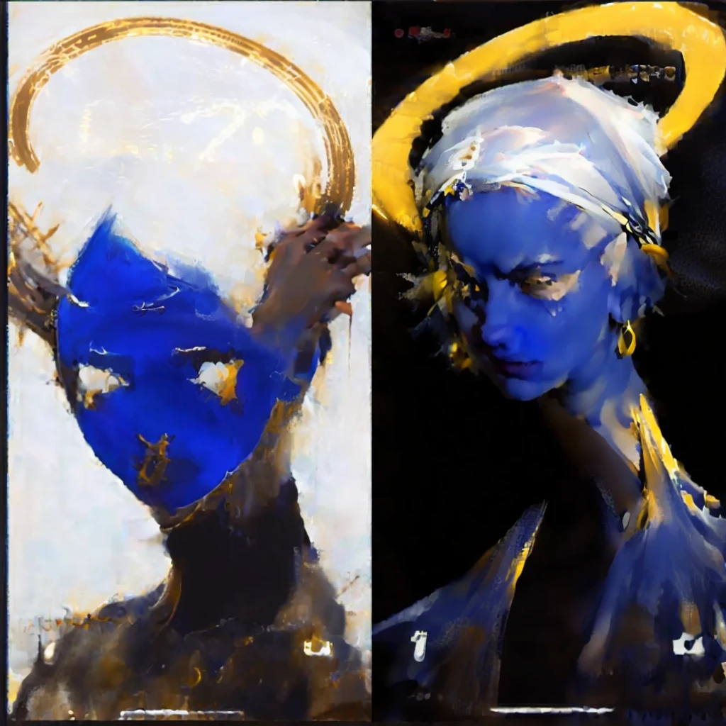 Close-up of two posters,There is a woman with a halo on her head, Futuristic art style, blue and yellow theme, Weird art style, Stunning art style, unearthly art style, blue and yellow color theme, AI-assisted digital, Hand drawn cartoon art style, beautiful Black blue 数字艺术风格, White + blue + Black
