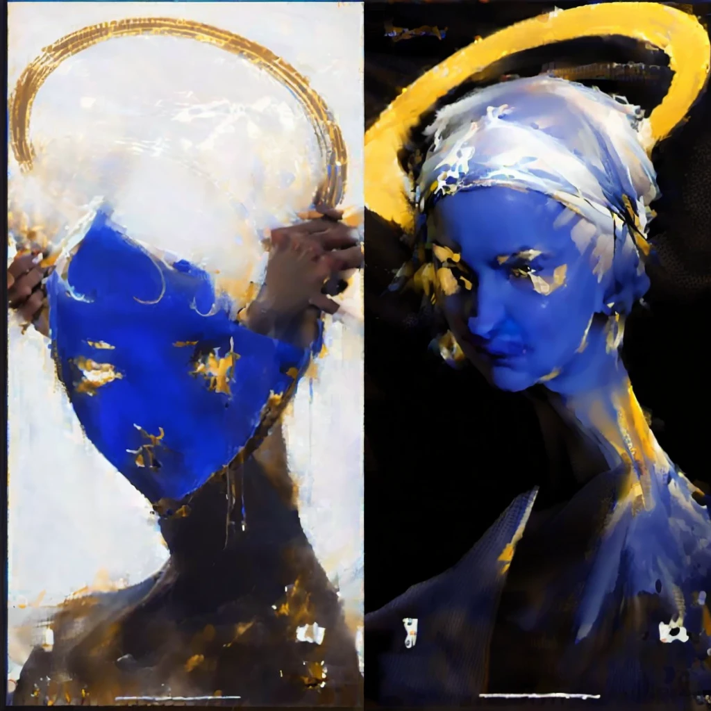 Close-up of two posters,There is a woman with a halo on her head, Futuristic art style, blue and yellow theme, Weird art style, Stunning art style, unearthly art style, blue and yellow color theme, AI-assisted digital, Hand drawn cartoon art style, beautiful Black blue 数字艺术风格, White + blue + Black