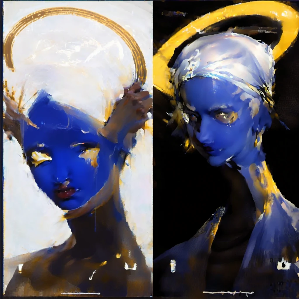 Close-up of two posters，There is a woman with a halo on her head, Futuristic art style, blue and yellow theme, Weird art style, Stunning art style, unearthly art style, blue and yellow color theme, AI-assisted digital, Hand drawn cartoon art style, beautiful Black blue 数字艺术风格, White + blue +  Black