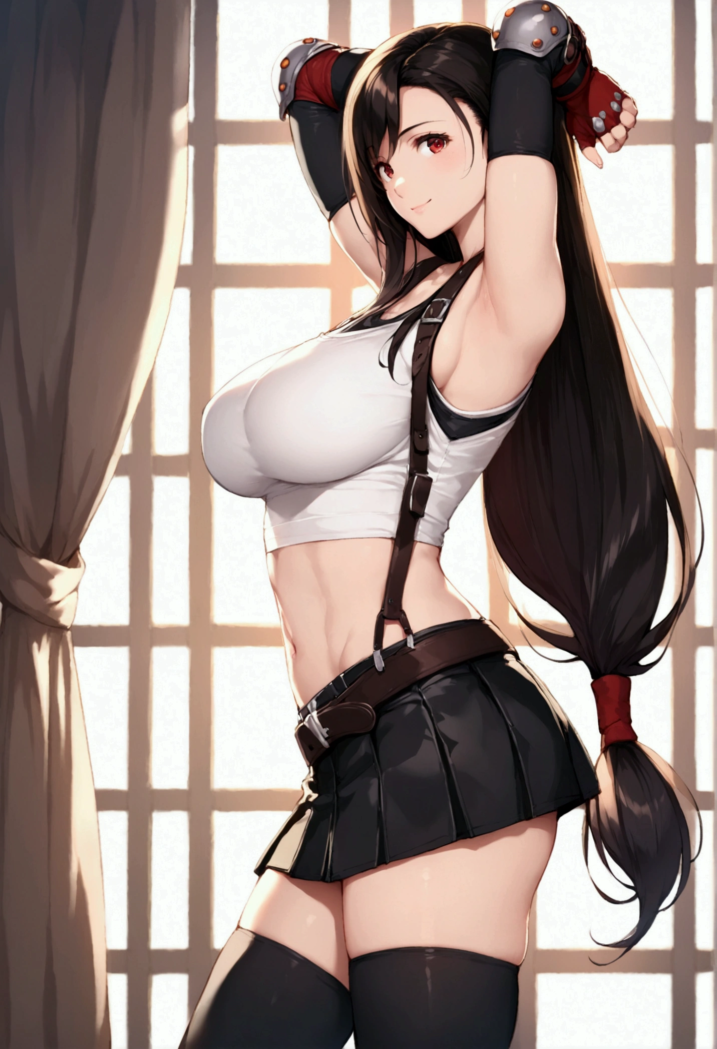 score_9, score_8_up, score_7_up,,8k,rating_safe BREAK ,source_anime. (from side.from side,side view,breast focus,standing,straight-on,(arms up,arms behind head.),,(upperbody),looking_at_viewer ,1girl, tifa lockhart, final fantasy, tareme,black hair, low-tied long hair, red eyes, bangs, (white tank top, belt, pleated skirt, thighhighs, elbow fingerless gloves, elbow pads, midriff, navel,suspender skirt) ,large_breasts,(light smile),,,Solo,,(daytime and cafebar),detailed skin,(best quality),(aesthetic,very aesthetic),,photorealistic,highly detailed,,depth of field,,professional lighting,cinematic lighting,