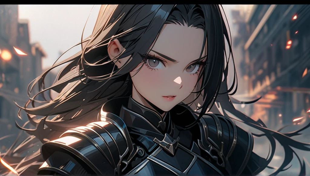 A beautiful female warrior with long black hair and wearing black armor. High resolution, 8K,