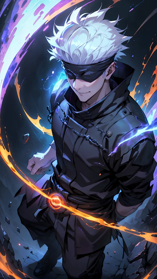 1boy, full body shot, satoru gojo, blindfold, black outfit, white hair, battle pose, red magic energy void in right,blue magic energy void in left, smirk, red and blue moon background, wallpaper, cinematic,High resolution 8K, Bright light illumination, lens flare, sharpness, masterpiece, top-quality, The ultra -The high-definition, high resolution, extremely details CG, Anime style, Film Portrait Photography,