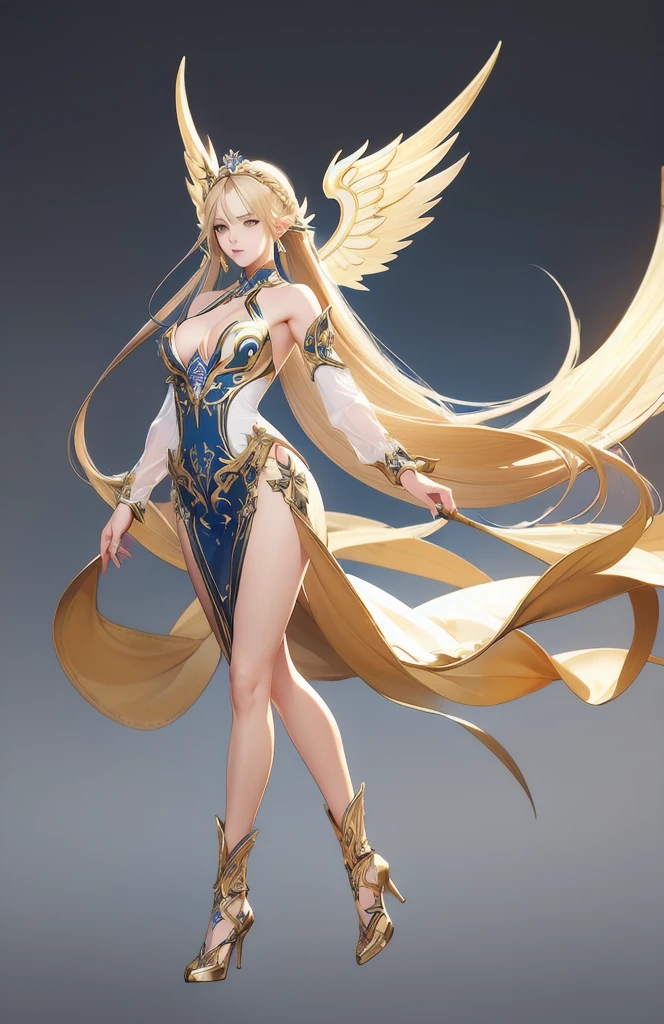 ((masterpiece, best quality)),concept art, woman,, Detailed face,pointed ears, full body details, full of details, Very detailed, depth, many parts, long blonde hair,Angel。beautiful woman, muscular body, saint attire clothes,Angel Wings。(Blade and Soul style)High heel,jewelry, braid, earrings,stand