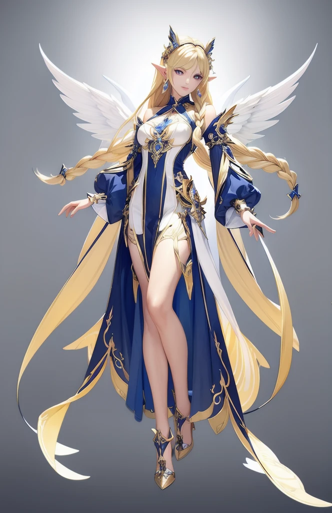 ((masterpiece, best quality)),concept art, woman,, Detailed face，pointed ears, full body details, full of details, Very detailed, depth, many parts, long blonde hair，Angel。beautiful woman, muscular body, saint attire clothes,Angel Wings。（Blade and Soul style）High heel,jewelry, braid, earrings,stand