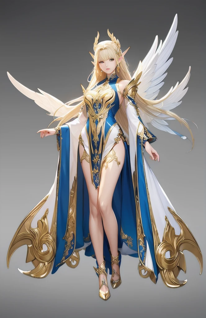 ((masterpiece, best quality)),concept art, woman,, Detailed face，pointed ears, full body details, full of details, Very detailed, depth, many parts, long blonde hair，Angel。beautiful woman, muscular body, saint attire clothes,Angel Wings。（Blade and Soul style）High heel,jewelry, braid, earrings,stand