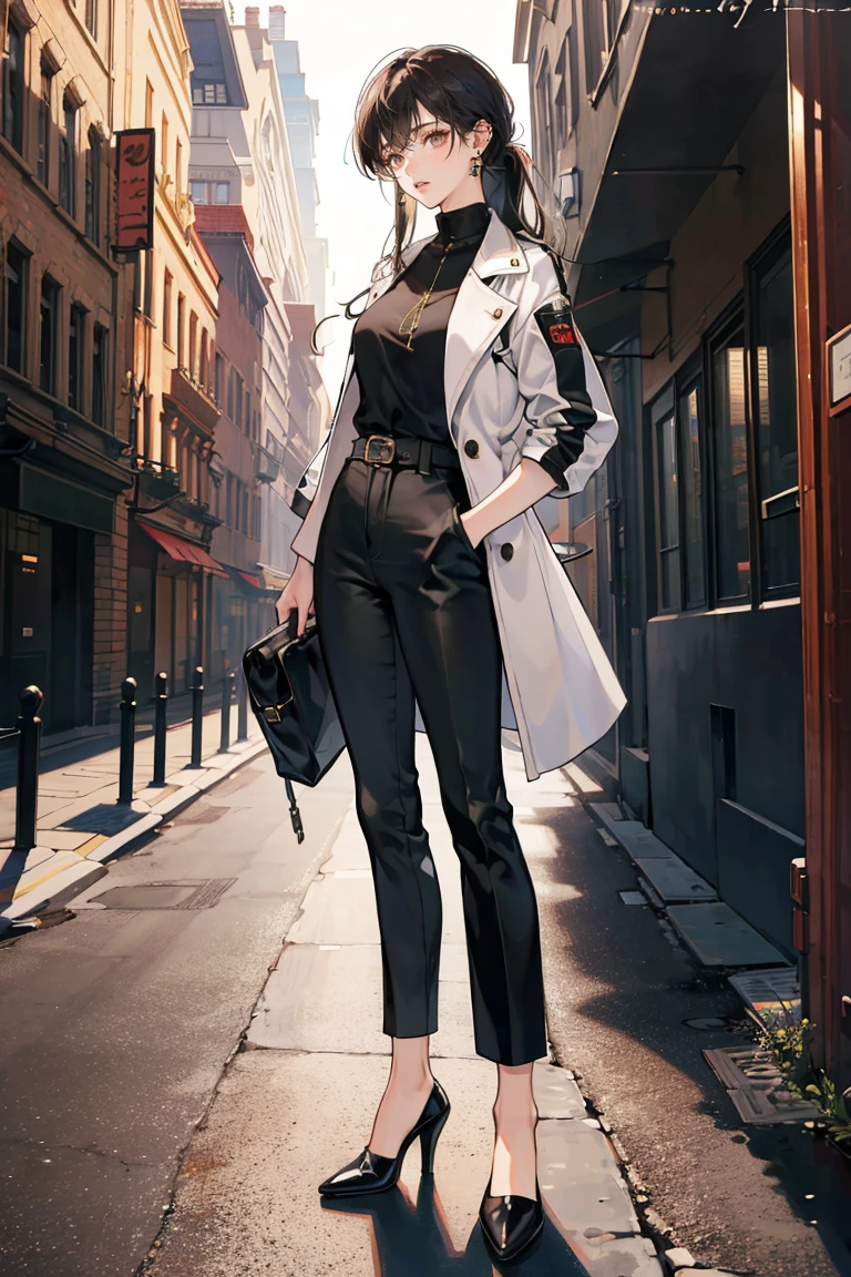 (masterpiece), best quality, small eyes, mature woman, brown eyes, long tied black hair, long nose, tan brown skin, plain white t shirt, leather jacket, loose black trousers, tall woman, long legs, full body, tall woman, long legs, big , anime cover, 1girl, ear piercings, hands in pockets, adult-like look, bad girl
