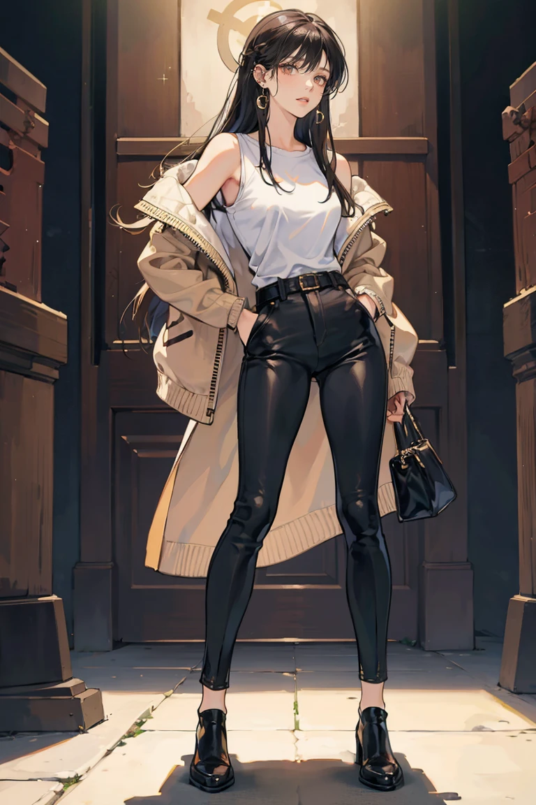(masterpiece), best quality, small eyes, mature woman, brown eyes, long tied black hair, long nose, tan brown skin, plain white t shirt, leather jacket, loose black trousers, tall woman, long legs, full body, tall woman, long legs, big , anime cover, 1girl, ear piercings, hands in pockets, adult-like look, bad girl
