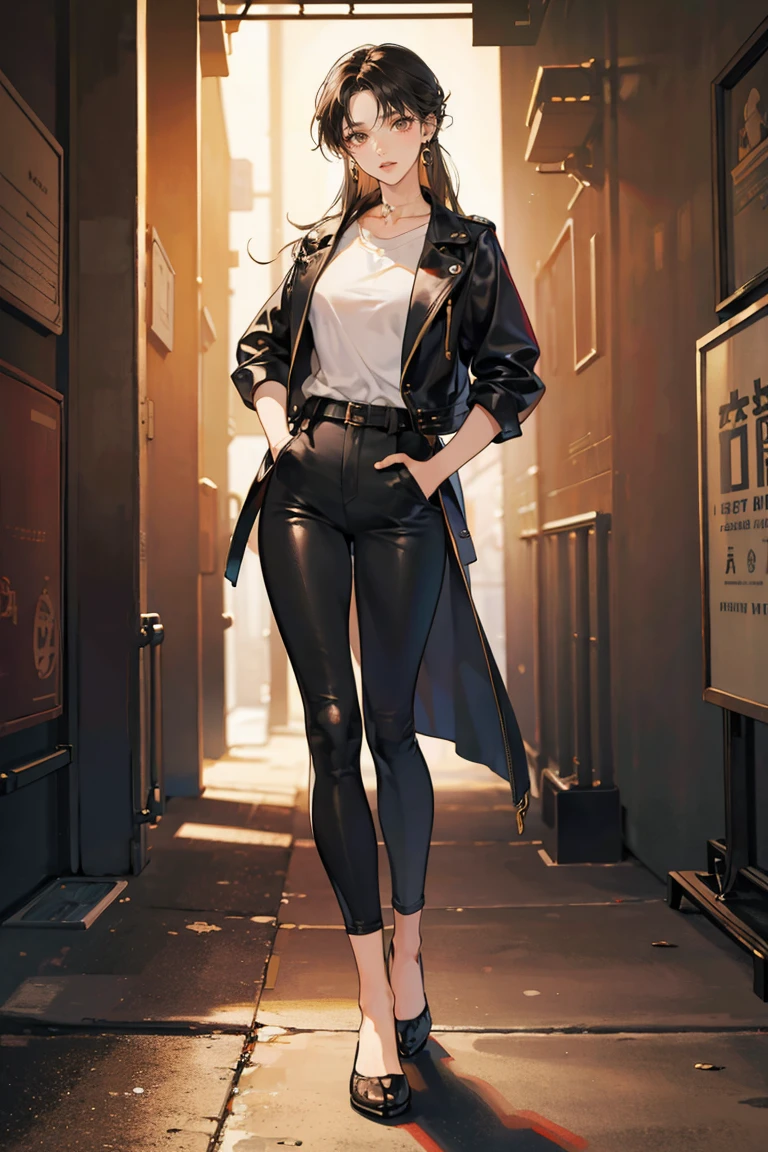 (masterpiece), best quality, small eyes, mature woman, brown eyes, long tied black hair, long nose, tan brown skin, plain white t shirt, leather jacket, loose black trousers, tall woman, long legs, full body, tall woman, long legs, big , anime cover, 1girl, ear piercings, hands in pockets, adult-like look, bad girl