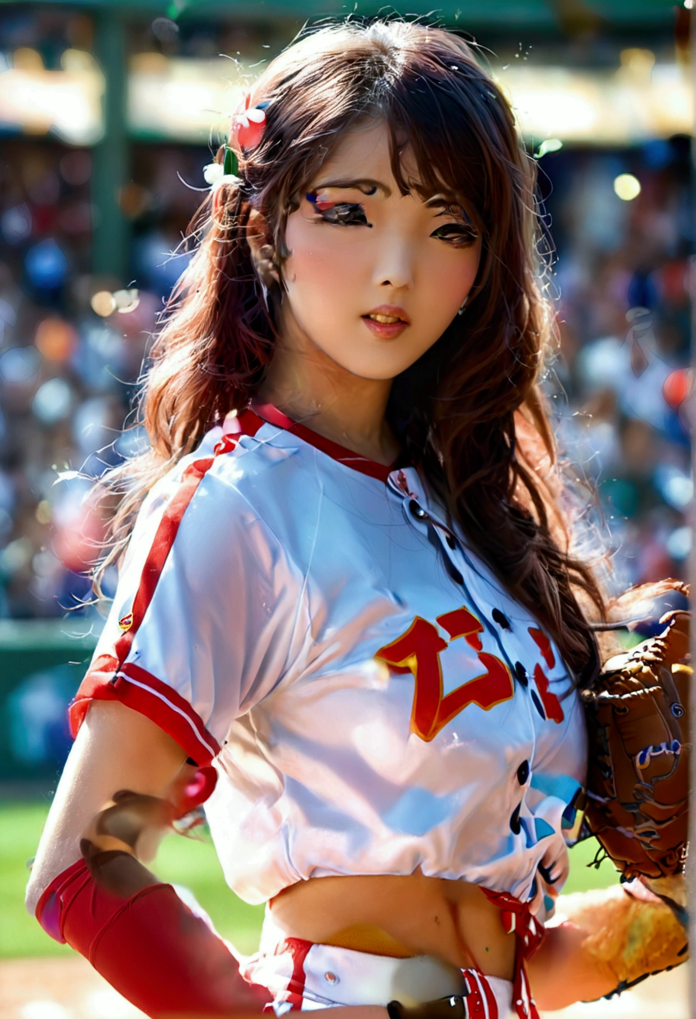 Anime-style depiction of a beautiful Japanese woman (Tatsumaki) pitching a ball in a foxy baseball uniform, with a cheering crowd and bokeh effect. Show her pitching pose. entire body shown
